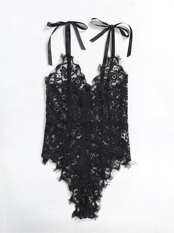 Black Backless Lace Bodysuit with Floral Pattern and Scalloped Trim
