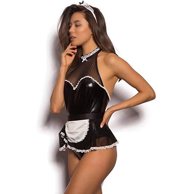 Black Faux Leather Maid Outfit with a White Apron and Matching Choker