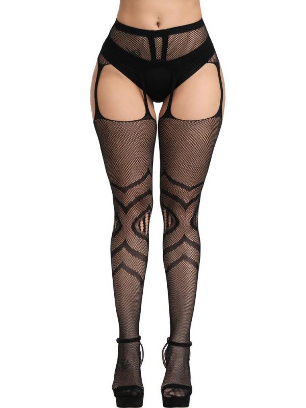 Black Fishnet Cross Pattern Suspender Stockings