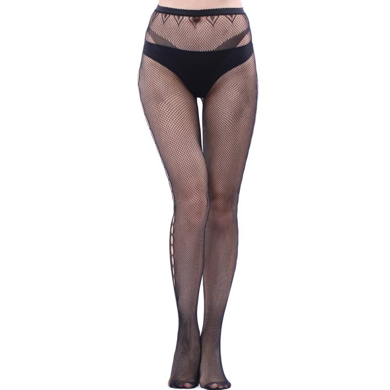 Black Fishnet Pantyhose With A Ladder-Hole Pattern And Ankle Butterfly