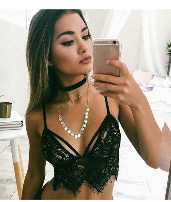 Black Lace Hollow Bralette with Scalloped Edge