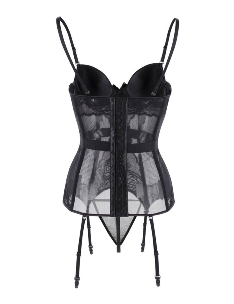 Black Mesh Corset with Lace Trim and Panties