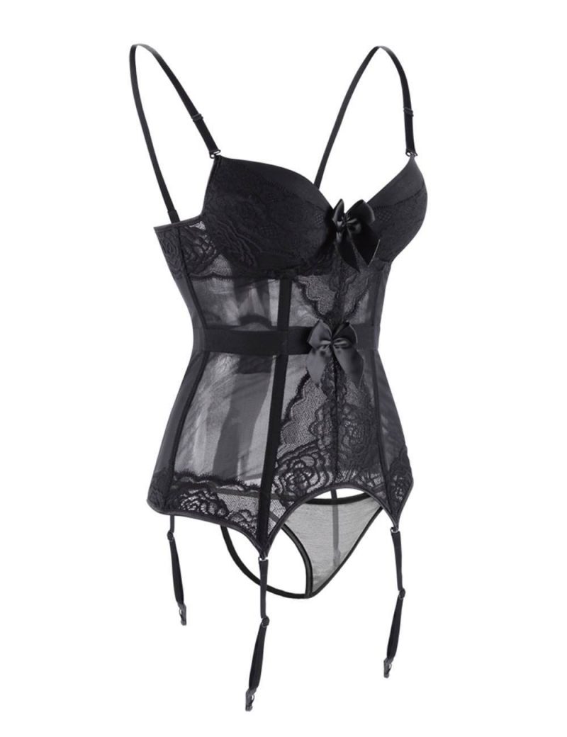 Black Mesh Corset with Lace Trim and Panties