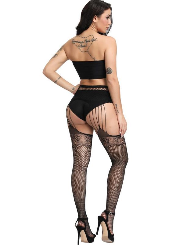 Black Mesh Suspender Stockings With Decorated Tops
