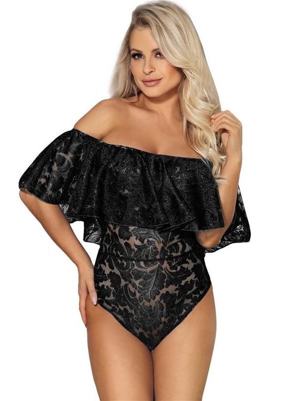 Black Off-the-Shoulder Ruffle Lace Teddy With Leaf Pattern