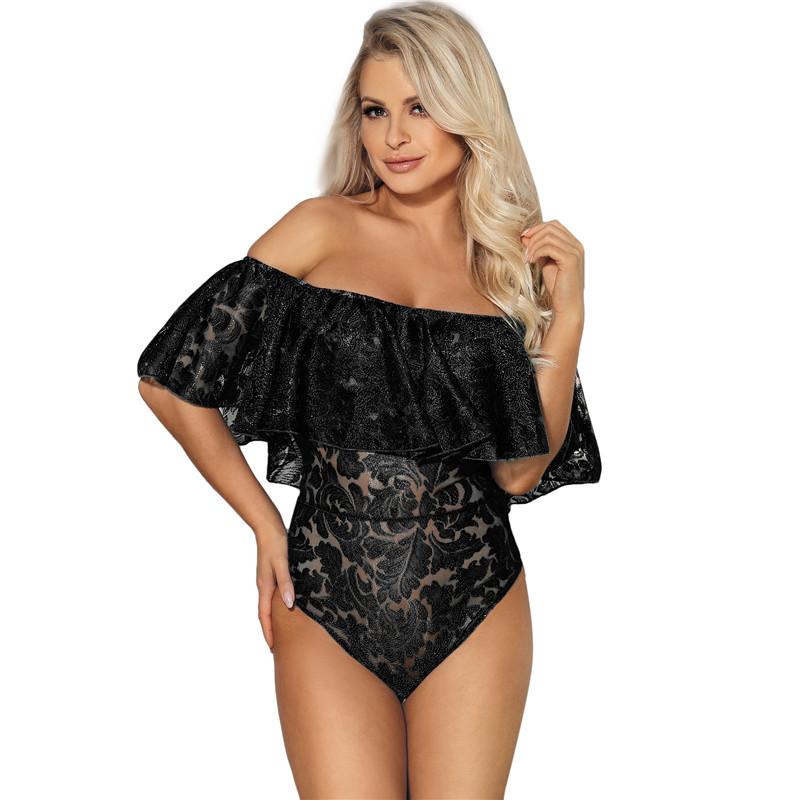 Black Off-the-Shoulder Ruffle Lace Teddy With Leaf Pattern
