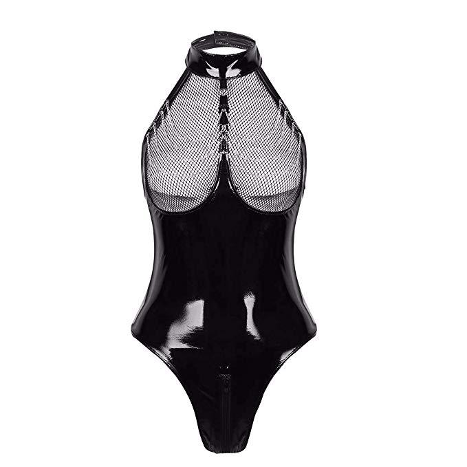 Black One-piece Erotic Bodysuit in PVC and Mesh with Chains