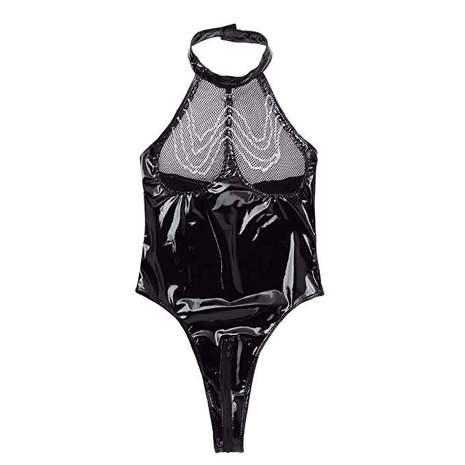 Black One-piece Erotic Bodysuit in PVC and Mesh with Chains