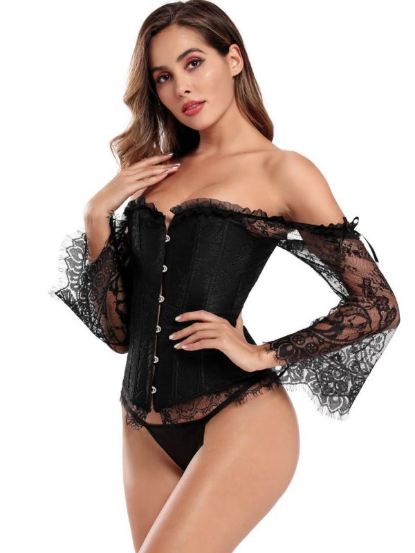 Black Sensual Long-sleeved Floral Embroidered Tight-fitting Corset