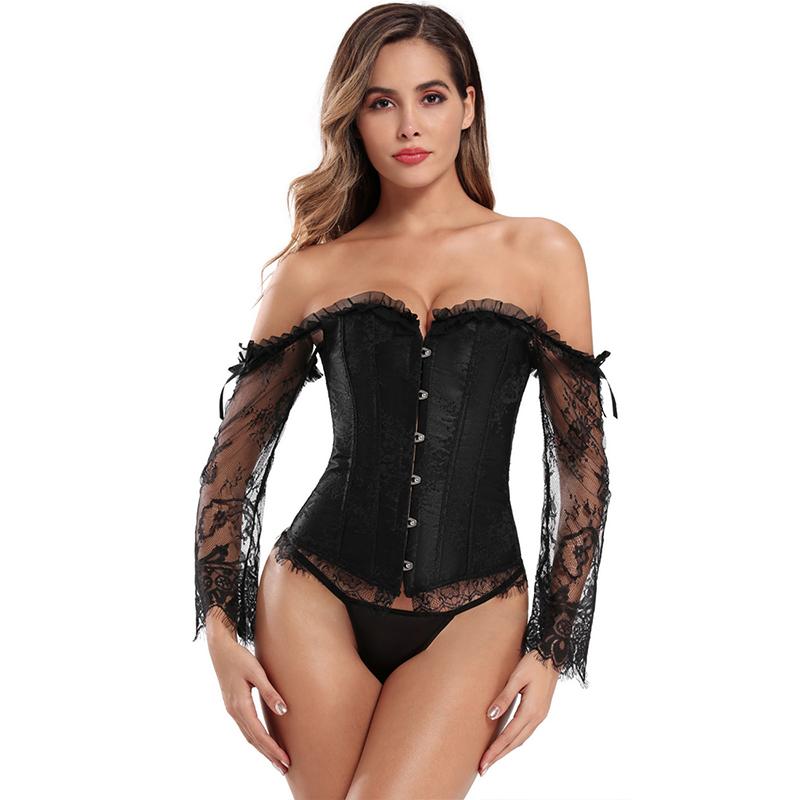 Black Sensual Long-sleeved Floral Embroidered Tight-fitting Corset