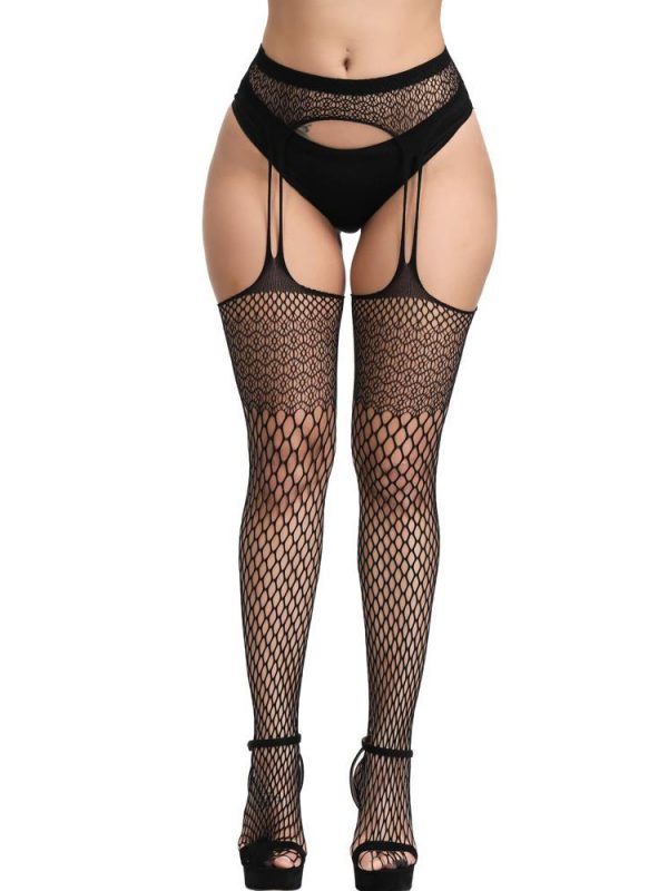 Black Sheer Fishnet One-Piece Suspender Stockings With Mesh Pantyhose