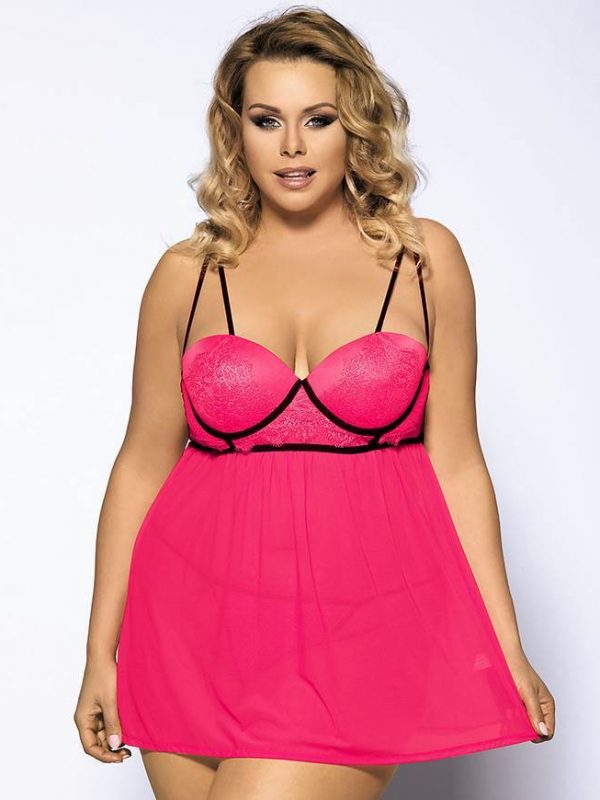 Cute Plus Size Rose Pink Babydoll with Black Lace Detail