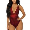 Dark Red Deep V-neck Bodysuit with Snap Crotch and Scalloped Edge