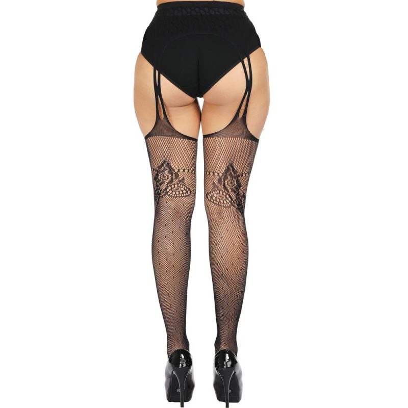 Elegant Black Mesh One-Piece Suspender Stockings With Dot And Floral Pattern
