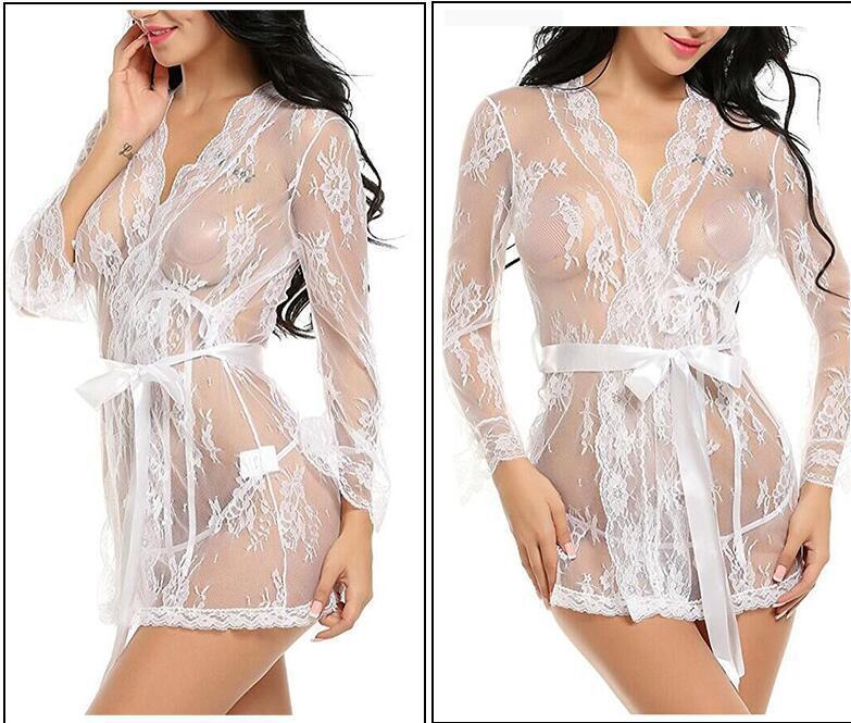 Elegant White Sheer Floral Pattern Long-sleeved Lace and Silk Robe with Scalloped Neck