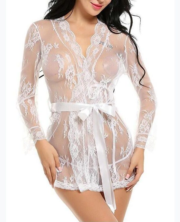 Elegant White Sheer Floral Pattern Long-sleeved Lace and Silk Robe with Scalloped Neck