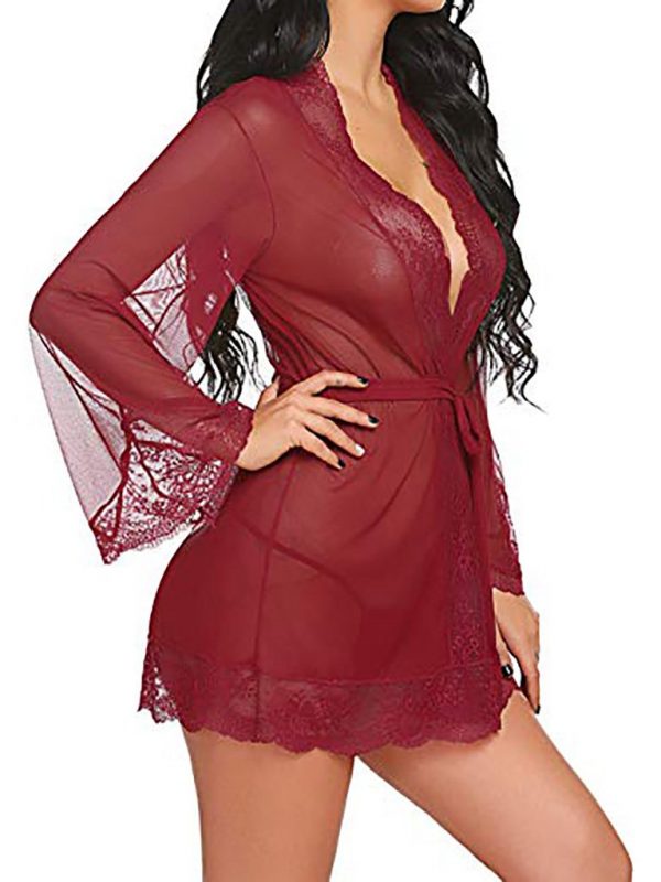 Erotic Red Sexy Robe with Lace Detailing