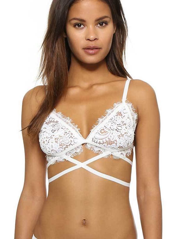 Flirty White Scalloped Lace Bra with Corset-style Strapping