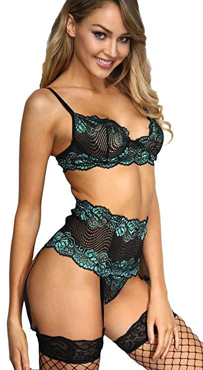 Green Lace Lingerie Set with Matching Garter Belt and Suspenders