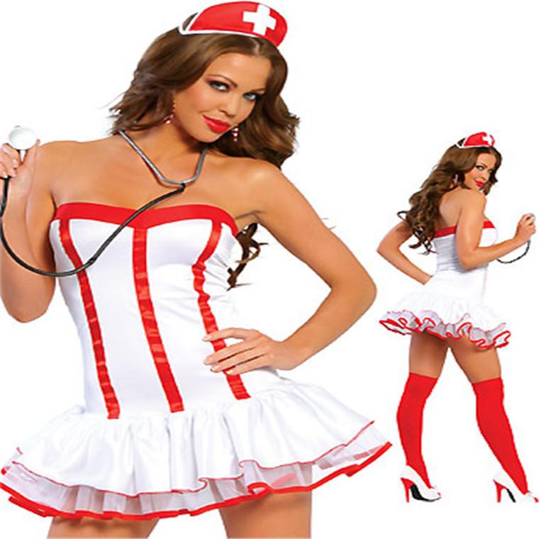 Naughty Nurse Role Play Outfit with Hat and Accessories - White/red