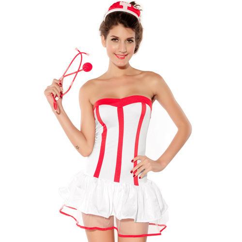 Naughty Nurse Role Play Outfit with Hat and Accessories - White/red