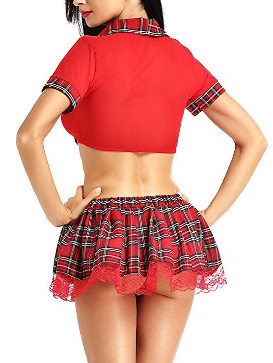 Naughty Schoolgirl Role-play Costume with a Red Top and Matching Plaid Mini Skirt