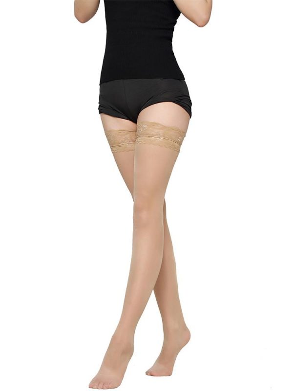 Nude Nylon Sheer Stockings With Thigh-High Lace Trim
