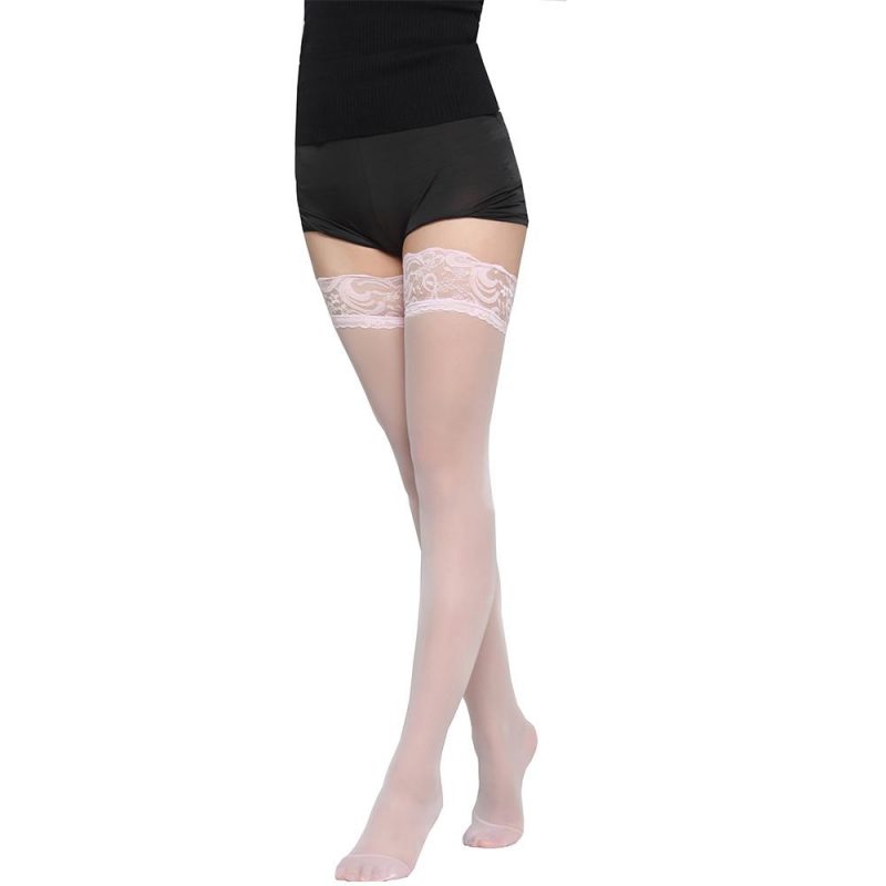 Pink Mesh Thigh-High Stockings with Lace Trim