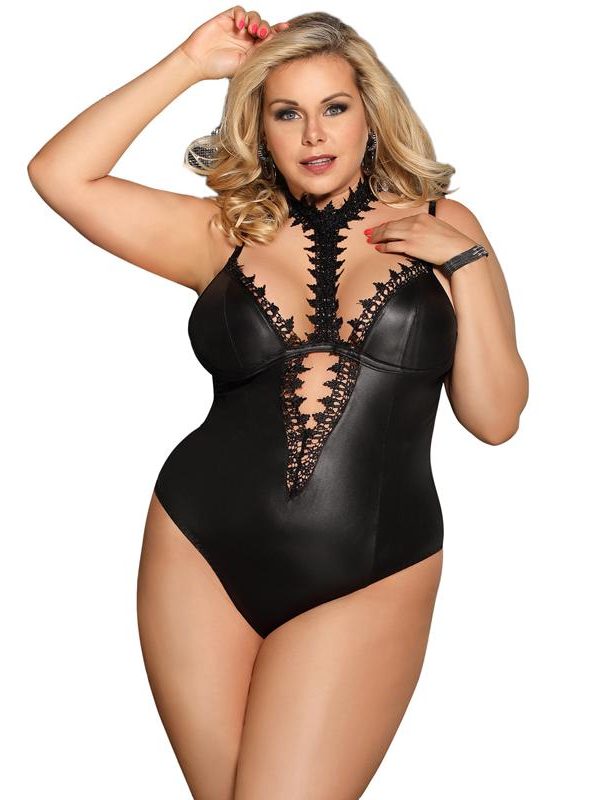 Plus Size Leather Teddy with Choker Style Neck - Black