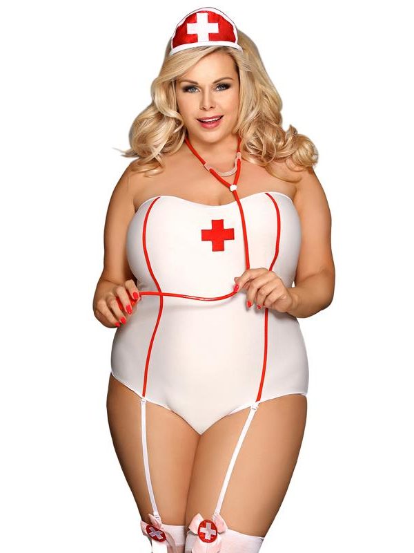 Plus Size Nurse Costume with Stockings - White/red