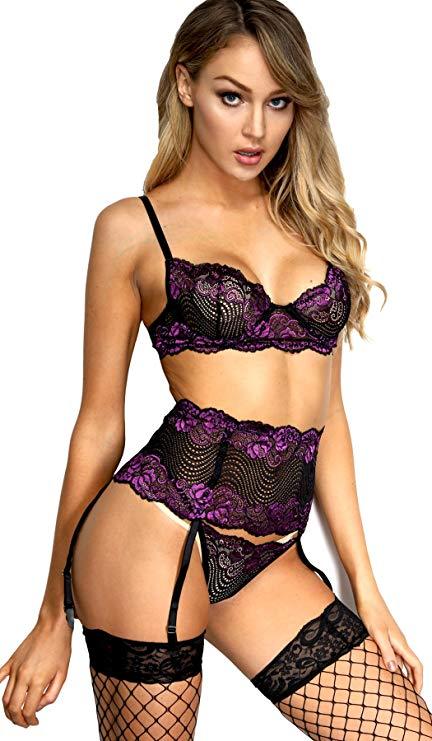 Purple Lace Lingerie Set with Matching Garter Belt and Black Panties