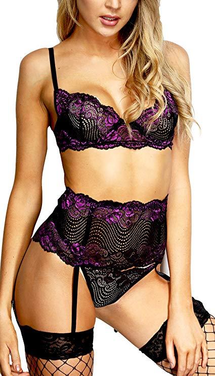 Purple Lace Lingerie Set with Matching Garter Belt and Black Panties