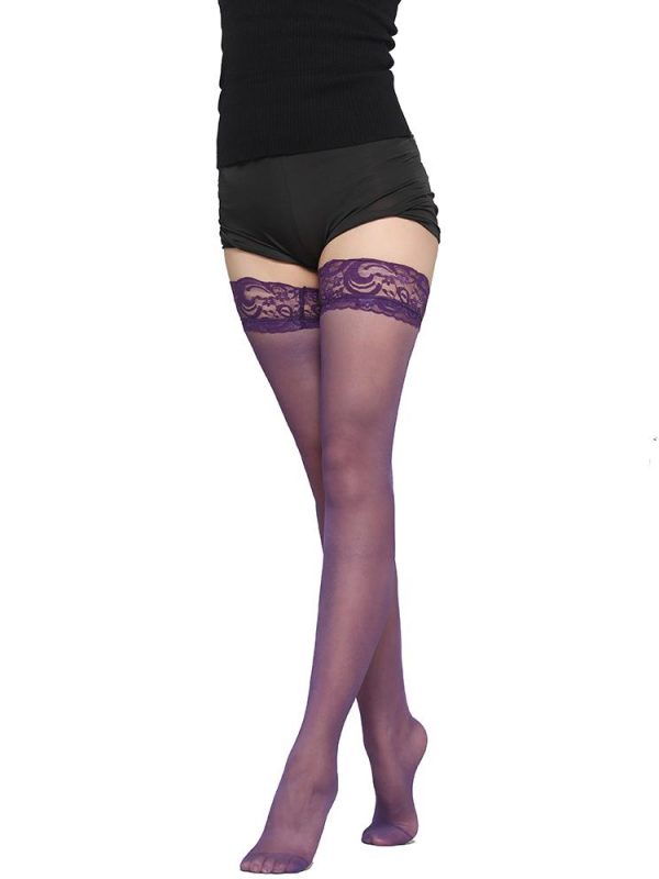 Purple Thigh-high Sheer Stockings with Lace Top