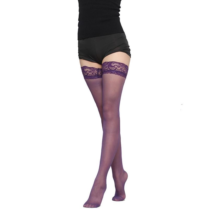 Purple Thigh-high Sheer Stockings with Lace Top