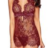 Red Backless Lingerie V-neck Babydoll with Intricate Lace Pattern and Scalloped Edging