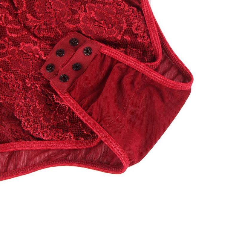 Red Lace Bodysuit with Eyelash Trim and Laces