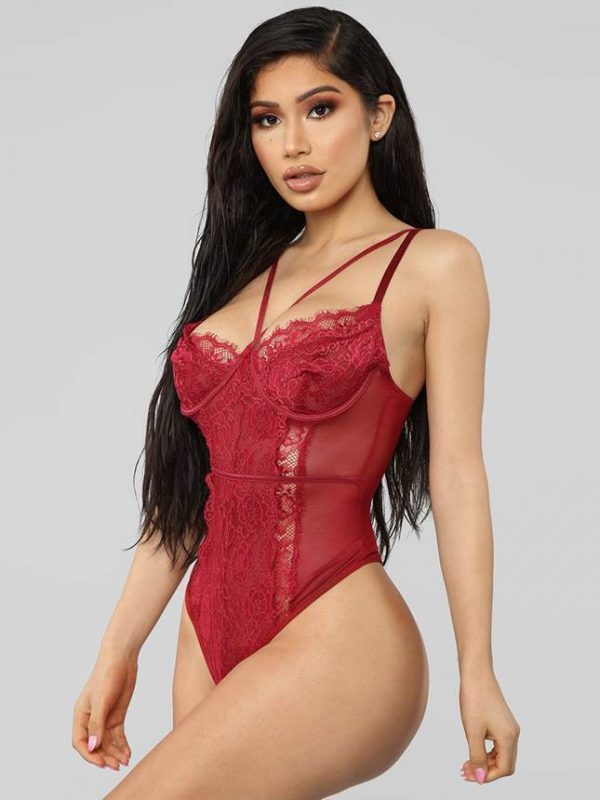 Red Lace Bodysuit with Eyelash Trim and Laces