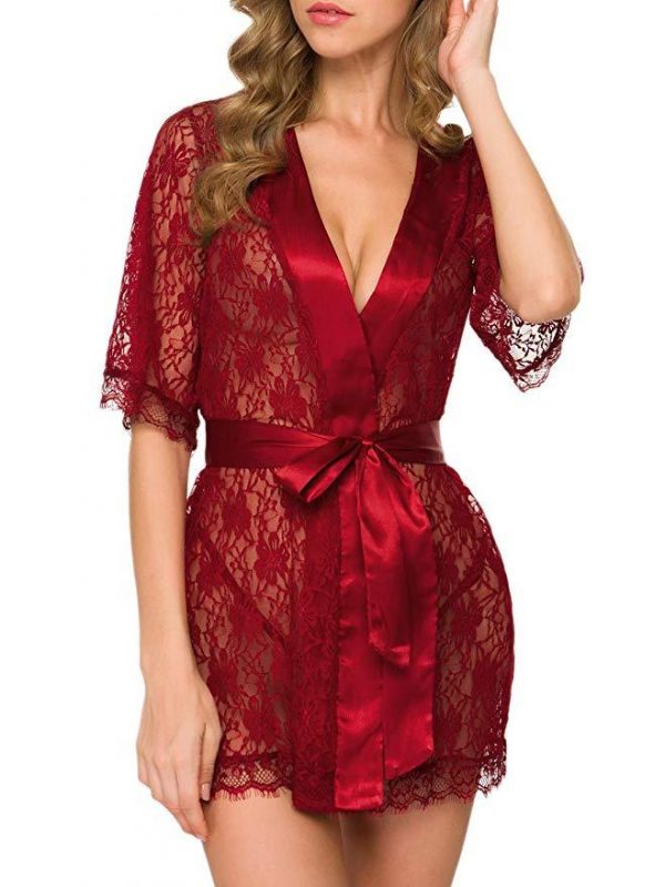 Red Lace Short-sleeved Robe with Satin Ribbon and Trim
