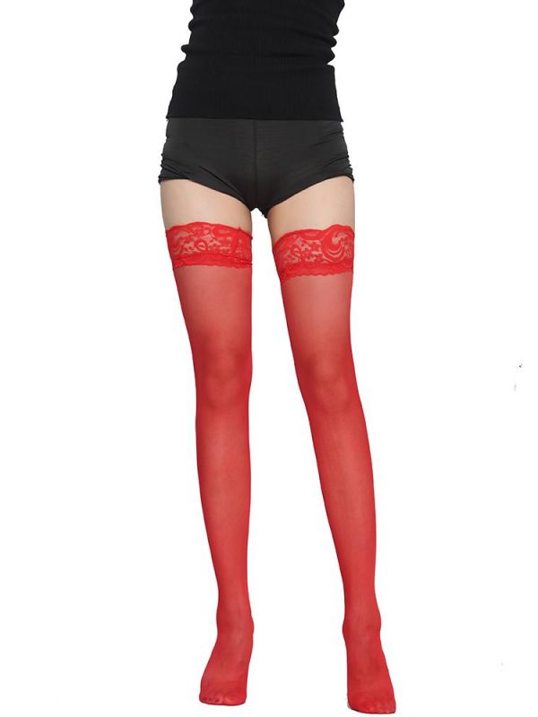 Red Lace Top Thigh High Sheer Stockings