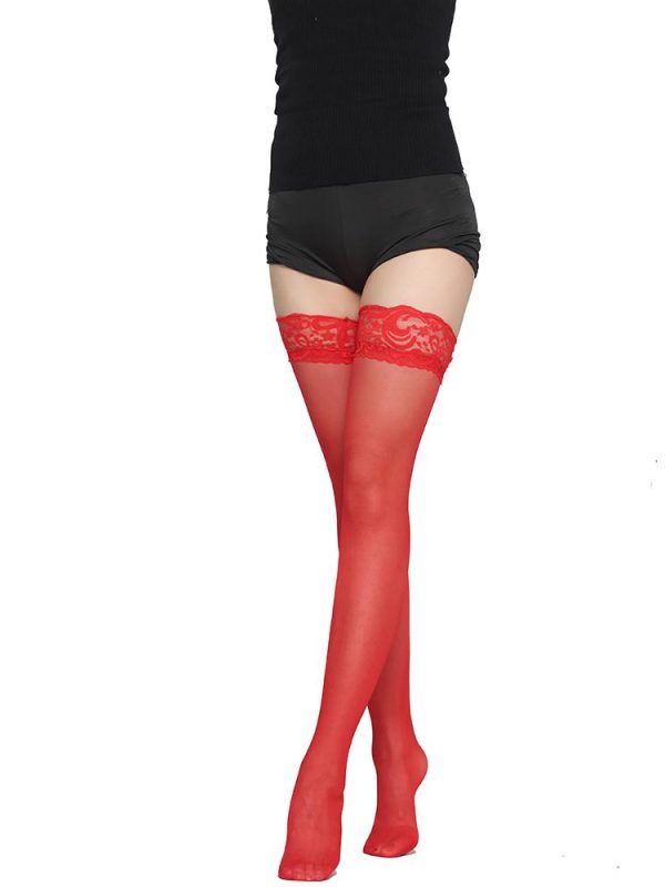 Red Lace Top Thigh High Sheer Stockings
