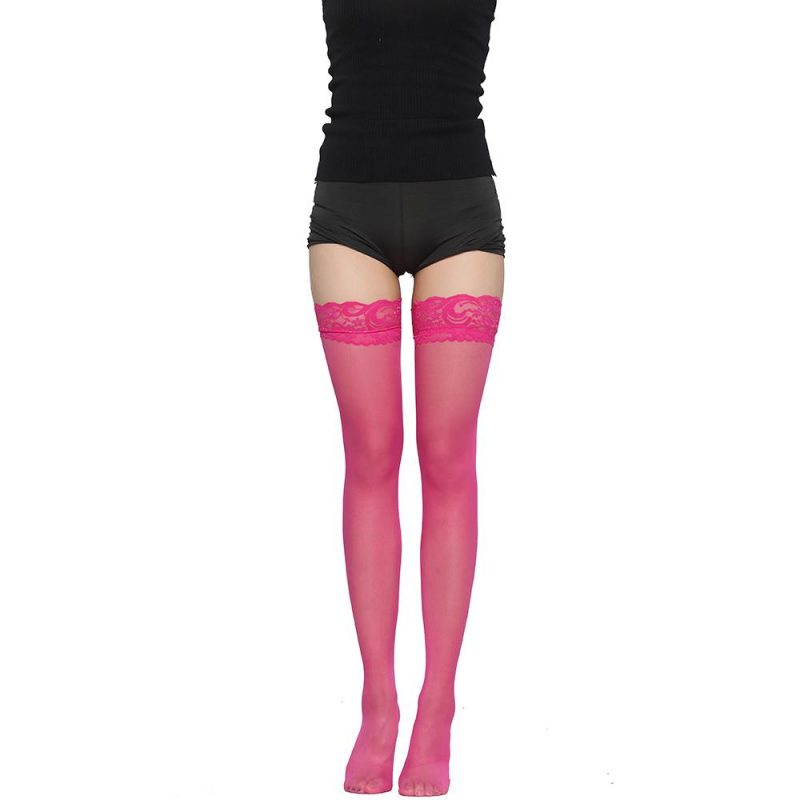 Rose-red Thigh-high Stockings with Lace Top
