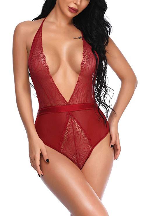 Ruby Sheer Plunge Halterneck Bodysuit with Lace Panels & Ribbon - Red
