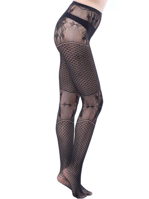 Sexy Black Fishnet Stockings With Patterned Lace