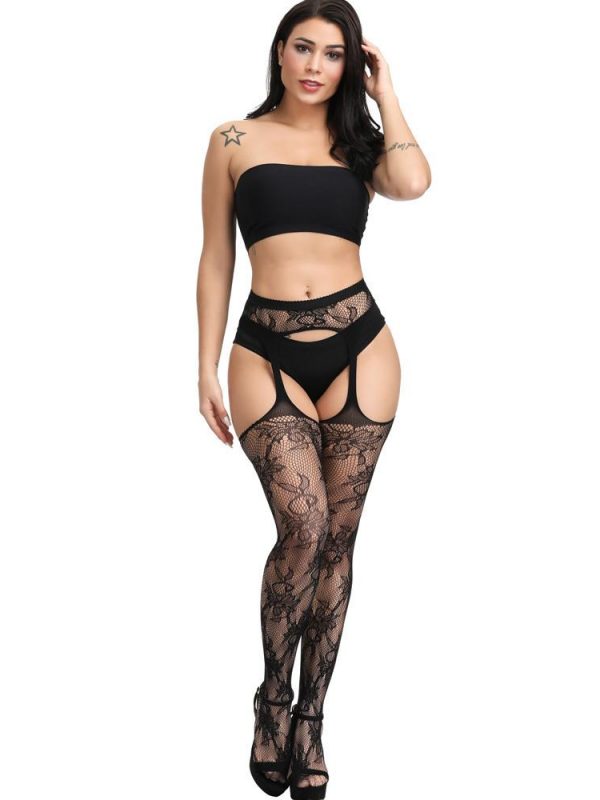 Sexy Black Flower Motif Suspender Stockings