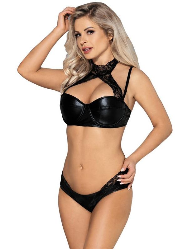 Sexy Black Leather Bralette Set with Lace Neck Detail