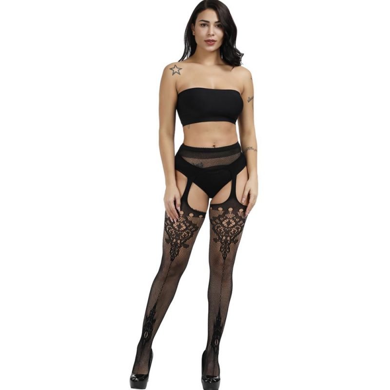 Sexy Black Mesh Suspender Stockings With Chantilly Lace Pattern