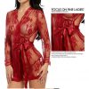 Sexy Red Sheer Floral Pattern Long-sleeved Lace and Silk Robe with Scalloped Neck
