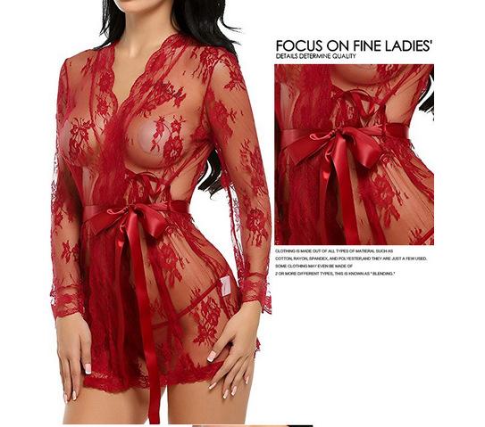 Sexy Red Sheer Floral Pattern Long-sleeved Lace and Silk Robe with Scalloped Neck