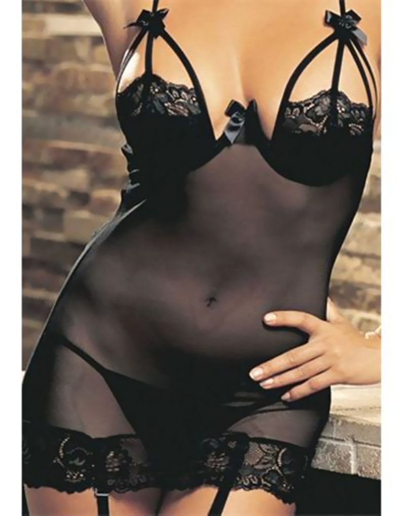 Titillating Black Pushup Lace Babydoll with Matching G-string and Suspenders
