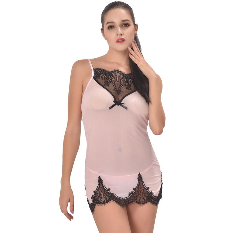 Transparent Sexy Pink Heart Lace Floral Embroidered Nightie